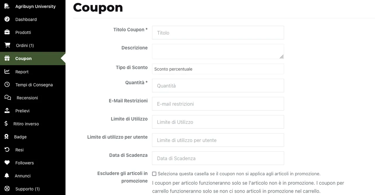 Crea un nuovo coupon