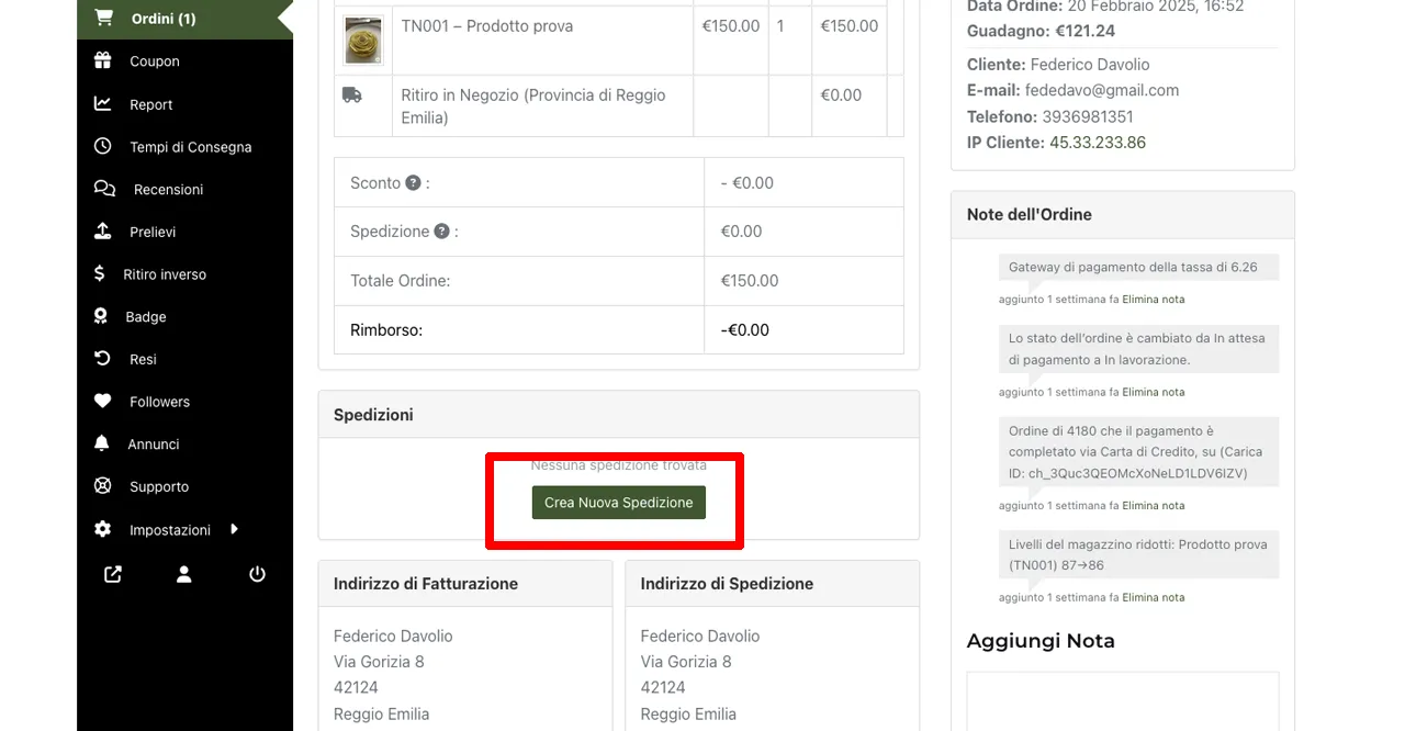 Imposta la spedizione