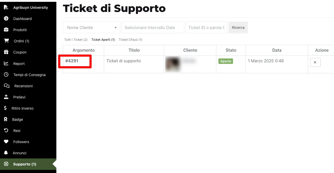 Il venditore ha il ticket nell'area supporto