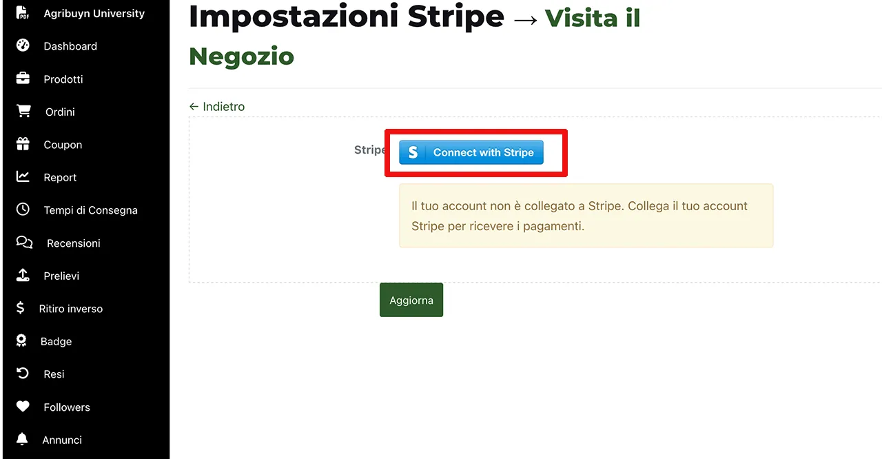 Clicca su Connect Stripe e segui la procedura guidata