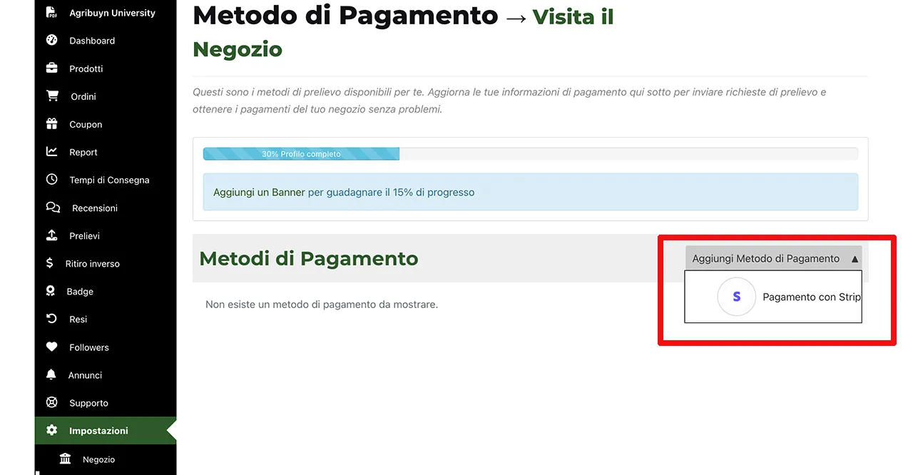 Seleziona Stripe come metodo di Pagamento