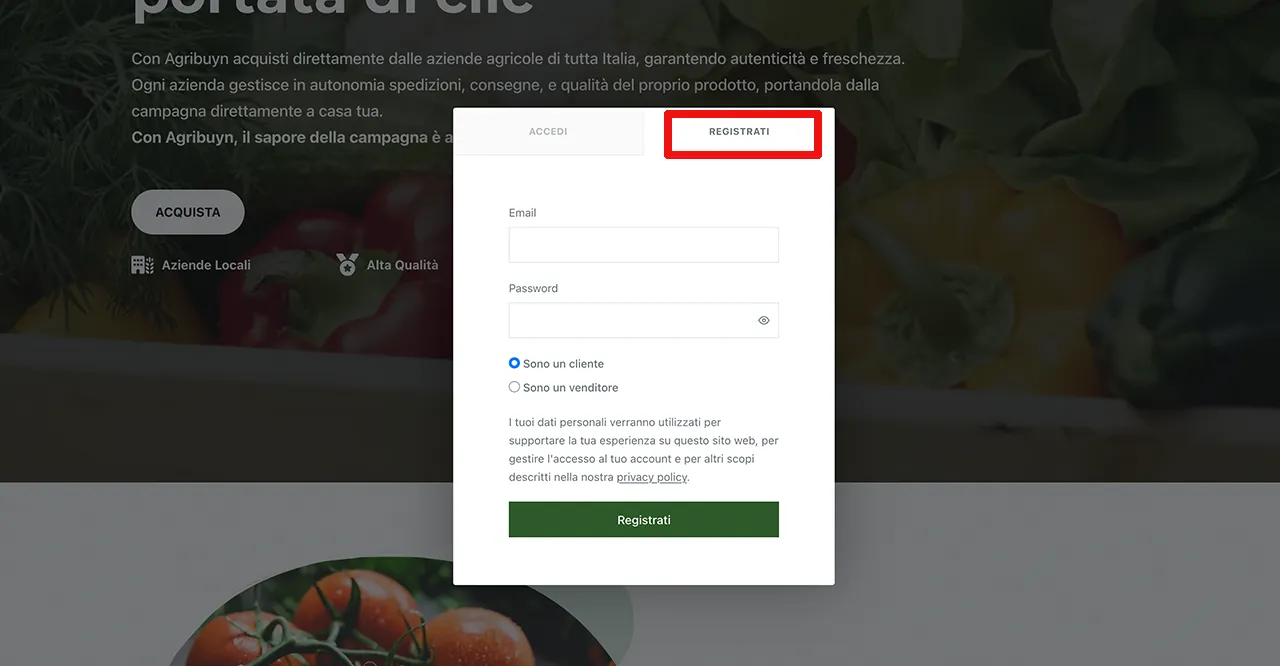 Clicca su registrati e inserisci la tua email e password